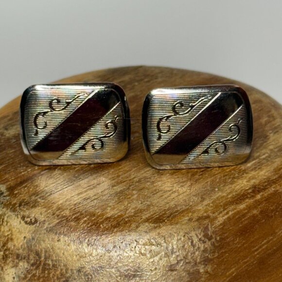 Vintage Silver-Tone Etched Cuff Links Rectangular Swirl - Picture 1 of 5